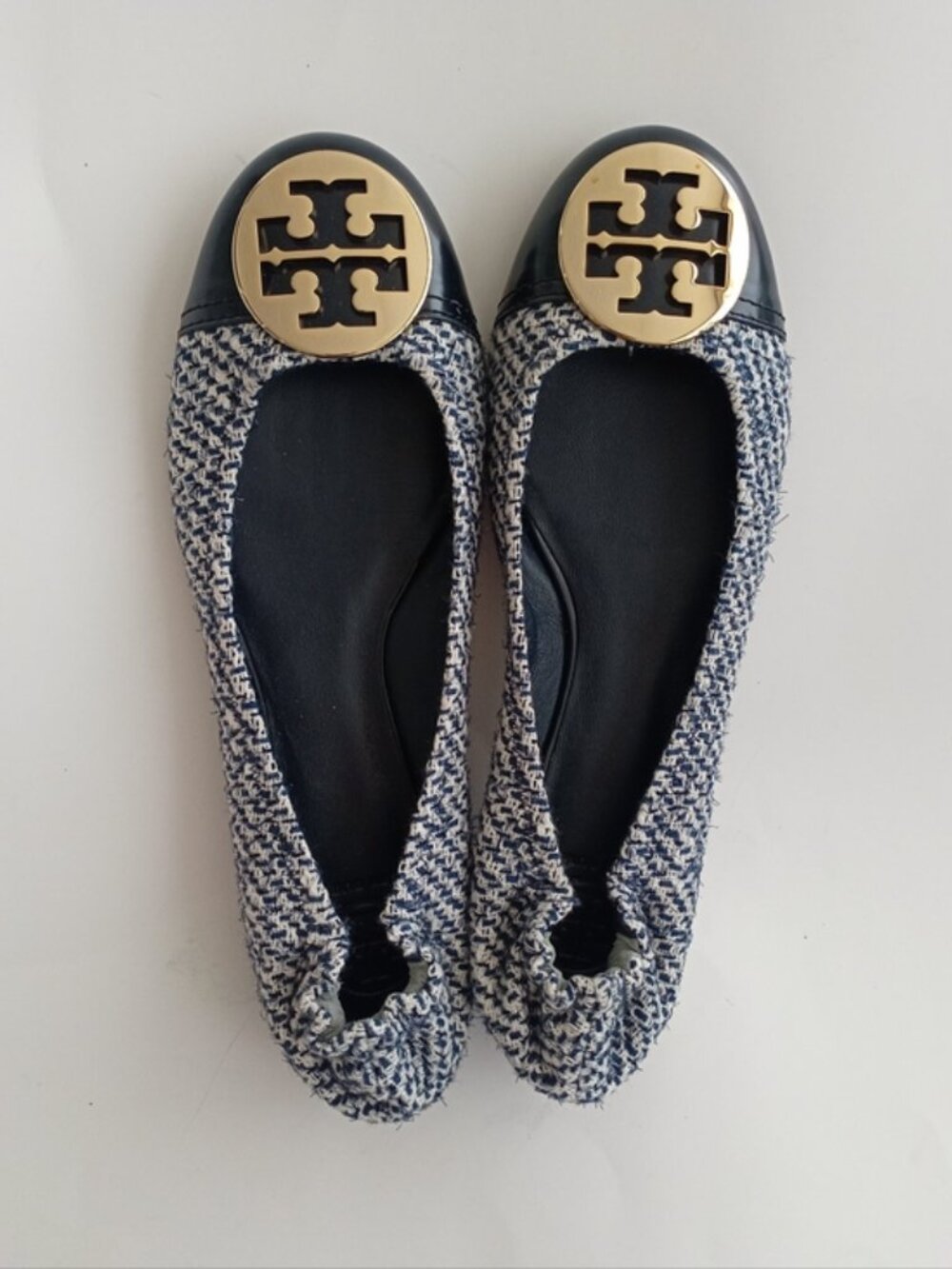 Tory Burch Tweed Cap Toe Ballet Flats Navy Blue Ivory Gold Logo Women's Size 11M